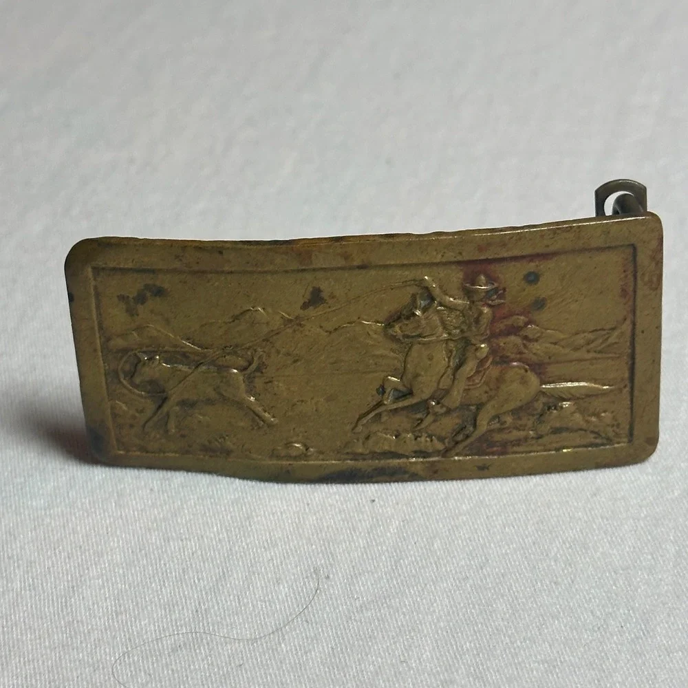 Vtg Brass Western Cowboy Horseback Roping Calf Belt Buckle Rectangular Patina - Picture 2 of 5